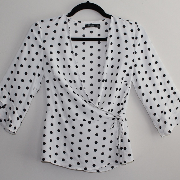 black and white polka dot wrap top
